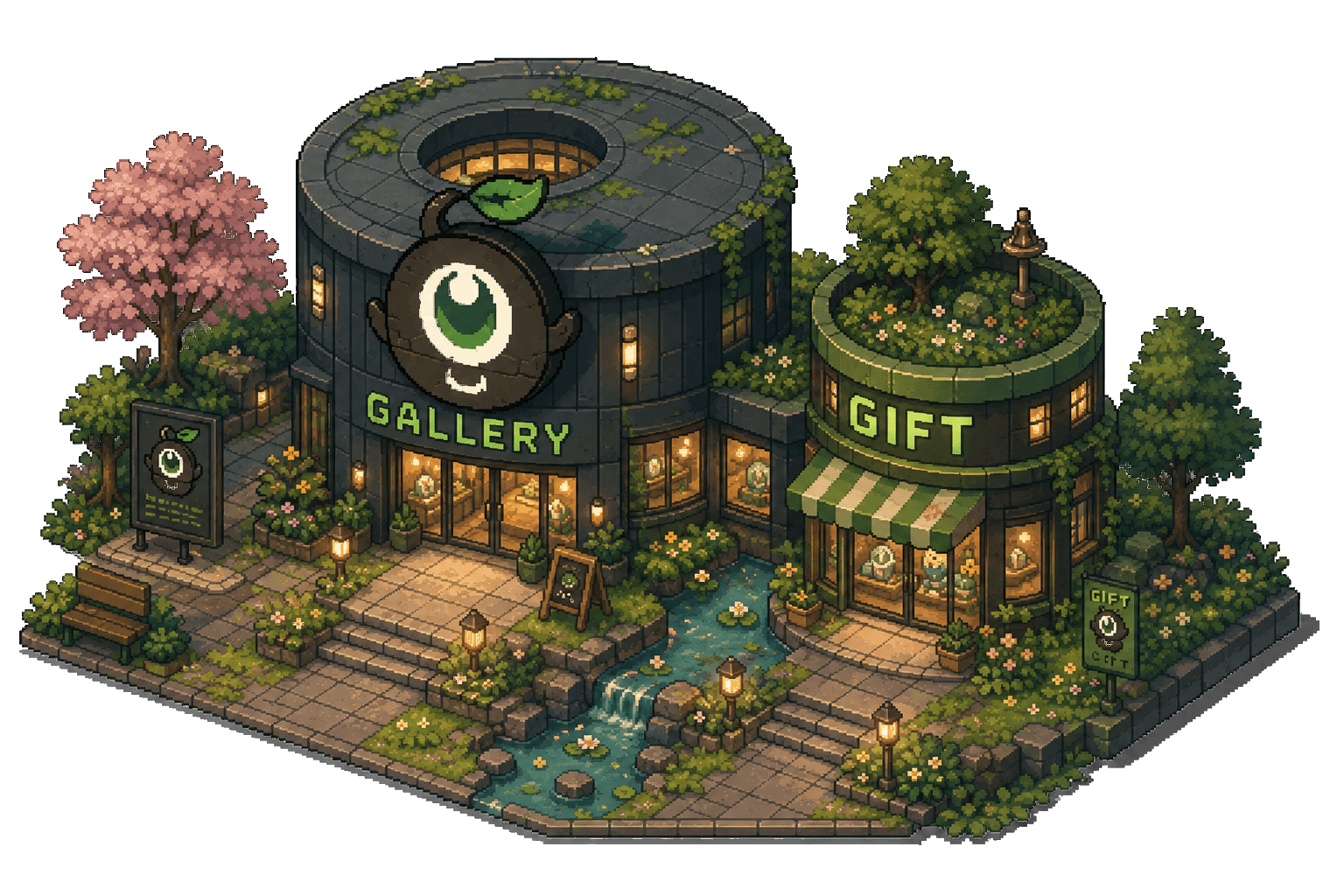 The StandX Gallery and its Gift Shop — an isometric pixel-art scene with a giant Stander sign over the entrance