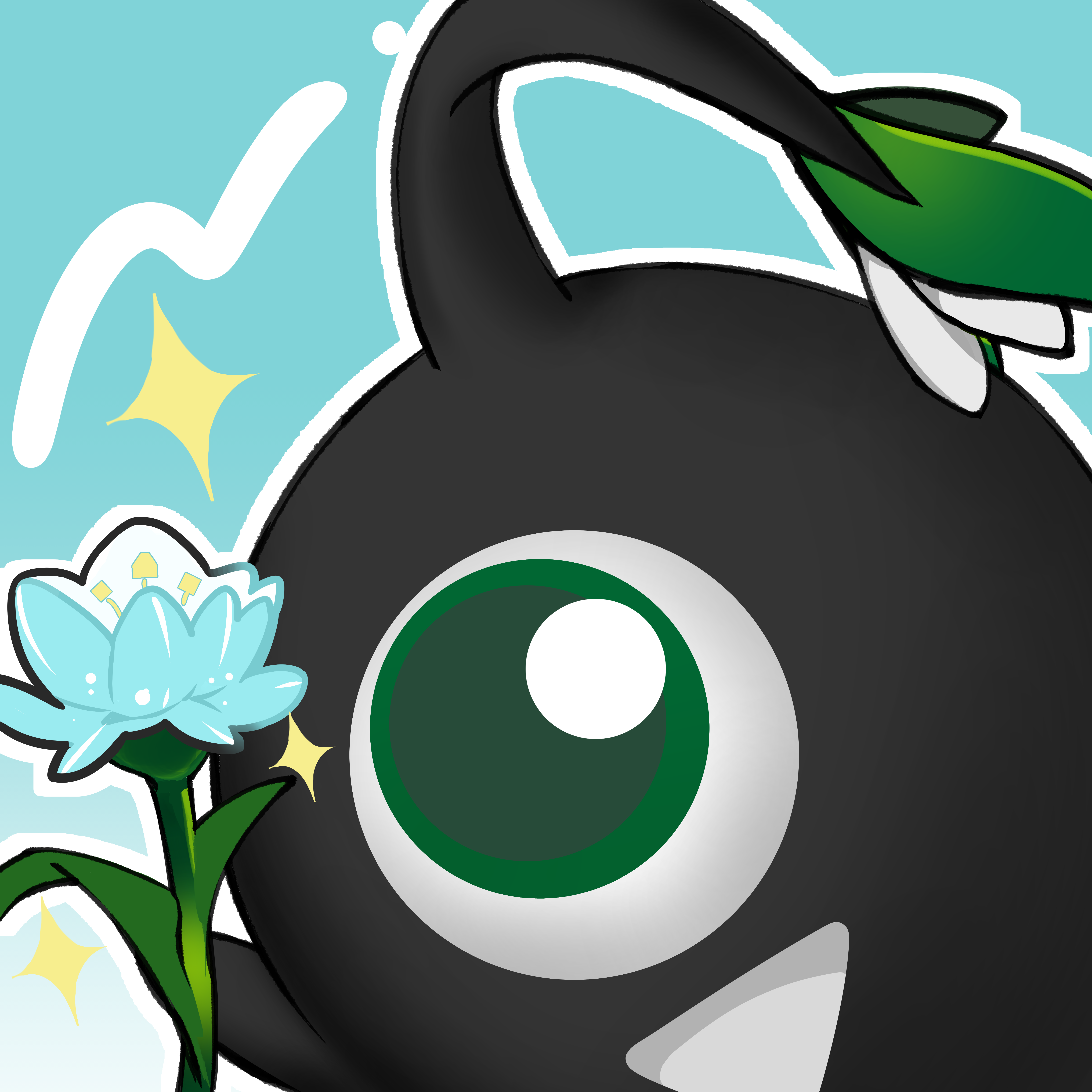 Stander close-up beside a blue blossom in full bloom, sparkles around it